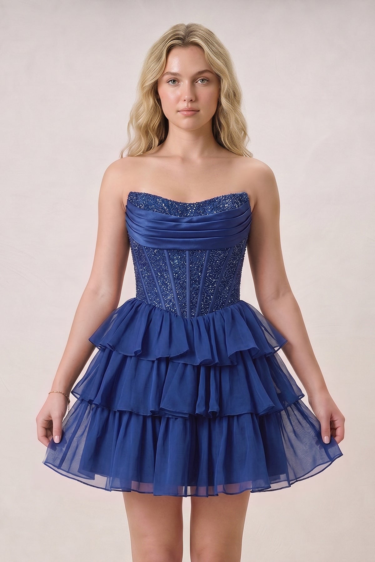 Navy Blue - Strapless A Line Chiffon Beaded Homecoming Dress With Ruffles