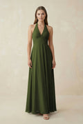 A-Line Pleated Chiffon V-Neck Bridesmaid Dress in Olive