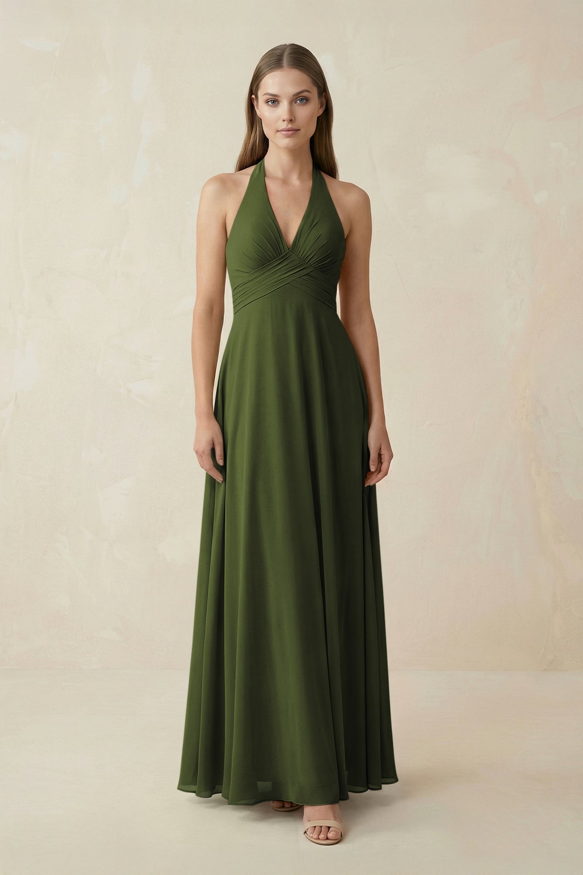 A-Line Pleated Chiffon V-Neck Bridesmaid Dress in Olive