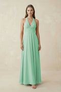 A-Line Pleated Chiffon V-Neck Bridesmaid Dress in Pale Pistachio