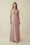 A-Line Pleated Chiffon V-Neck Bridesmaid Dress in Toffee