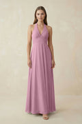 A-Line Pleated Chiffon V-Neck Bridesmaid Dress in Vintage Mauve