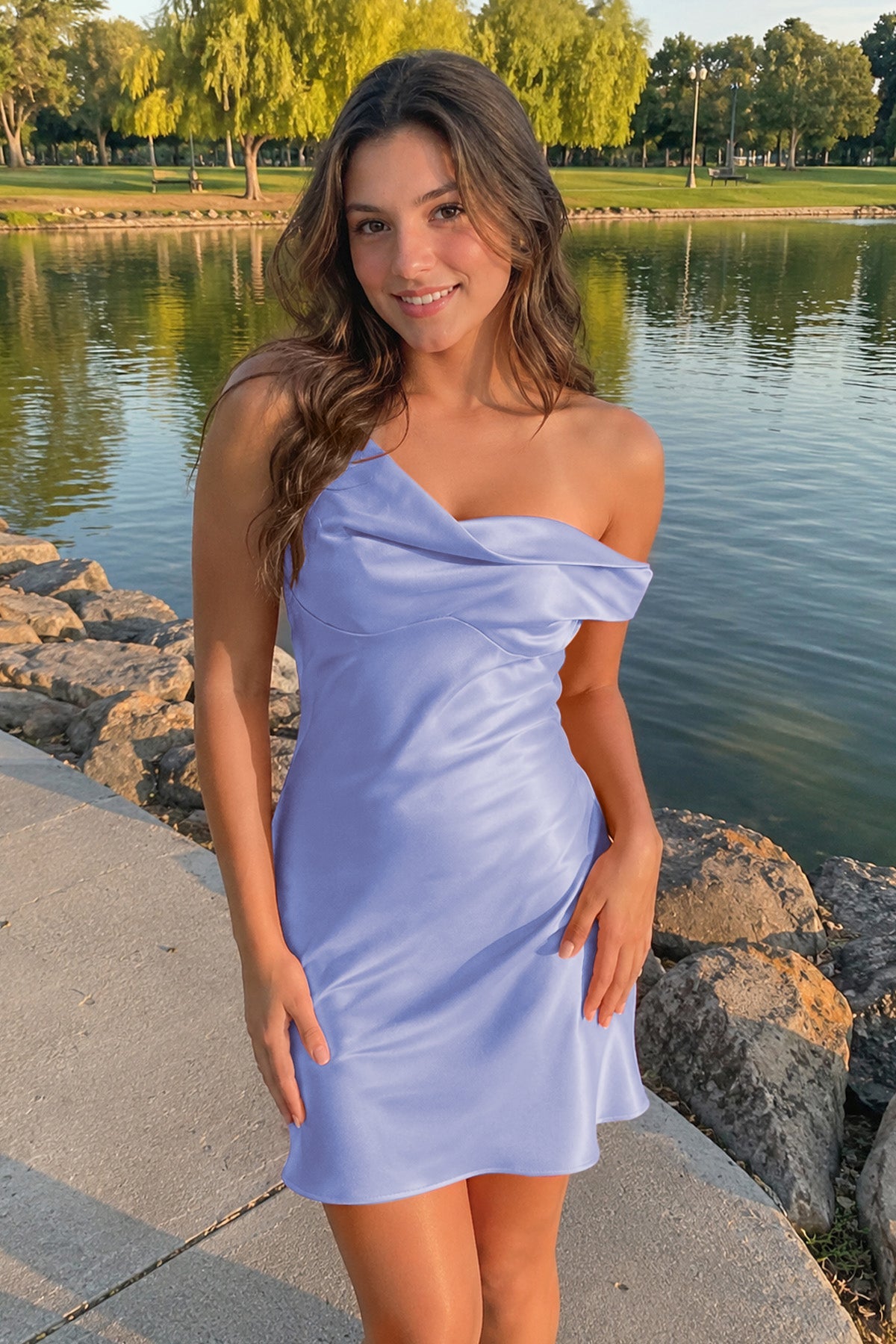 Aqua One-Shoulder Satin Ruched Sheath Homecoming Dress
