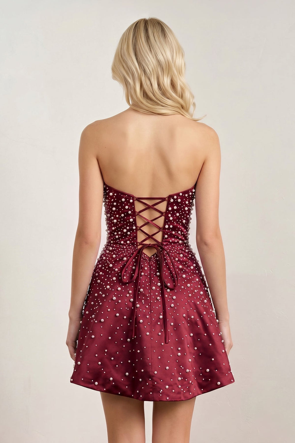 Aqua Satin A-Line Strapless Pearl Short Homecoming Dress
