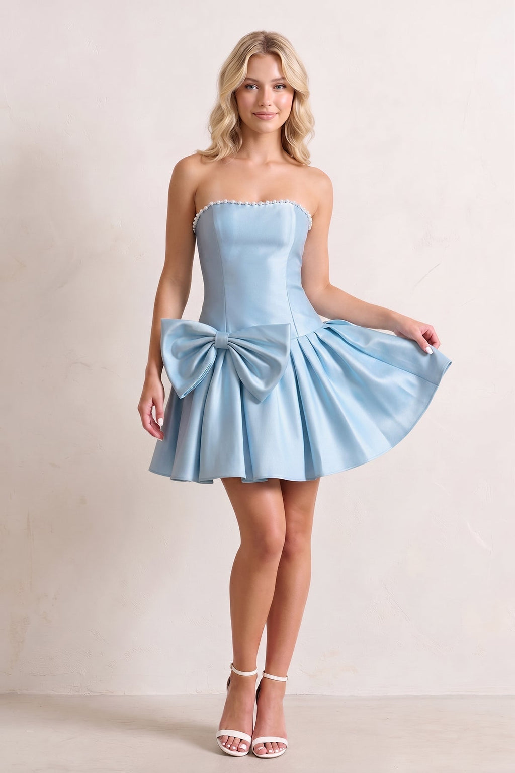 Aqua Strapless A-Line Satin Ruched Bow Homecoming Dress With Pearl