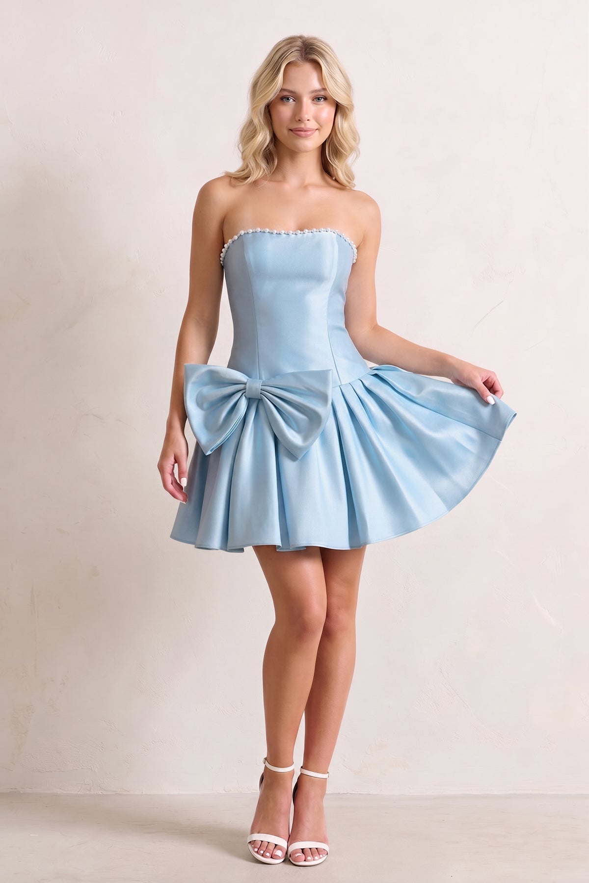 Aqua Strapless A-Line Satin Ruched Bow Homecoming Dress With Pearl