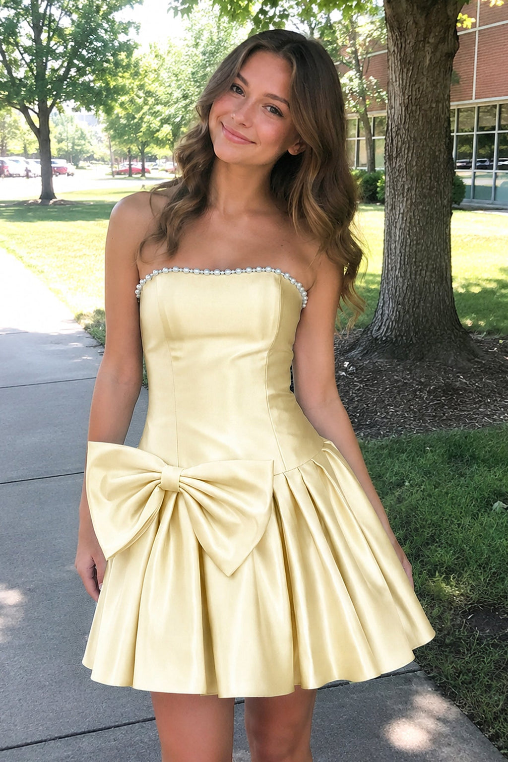 Aqua Strapless A-Line Satin Ruched Bow Homecoming Dress With Pearl