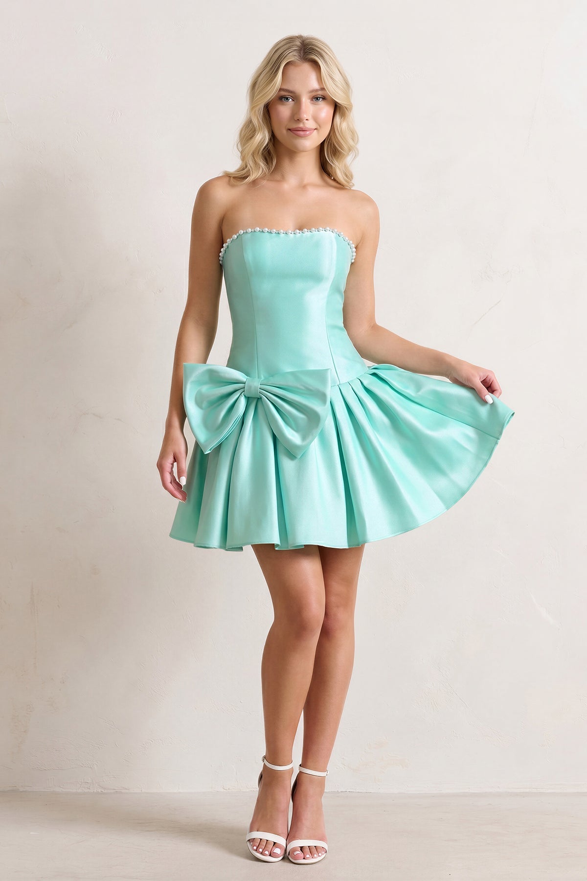 Aqua Strapless A-Line Satin Ruched Bow Homecoming Dress With Pearl