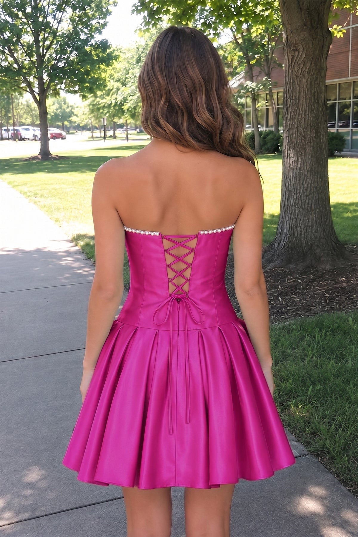 Aqua Strapless A-Line Satin Ruched Bow Homecoming Dress With Pearl