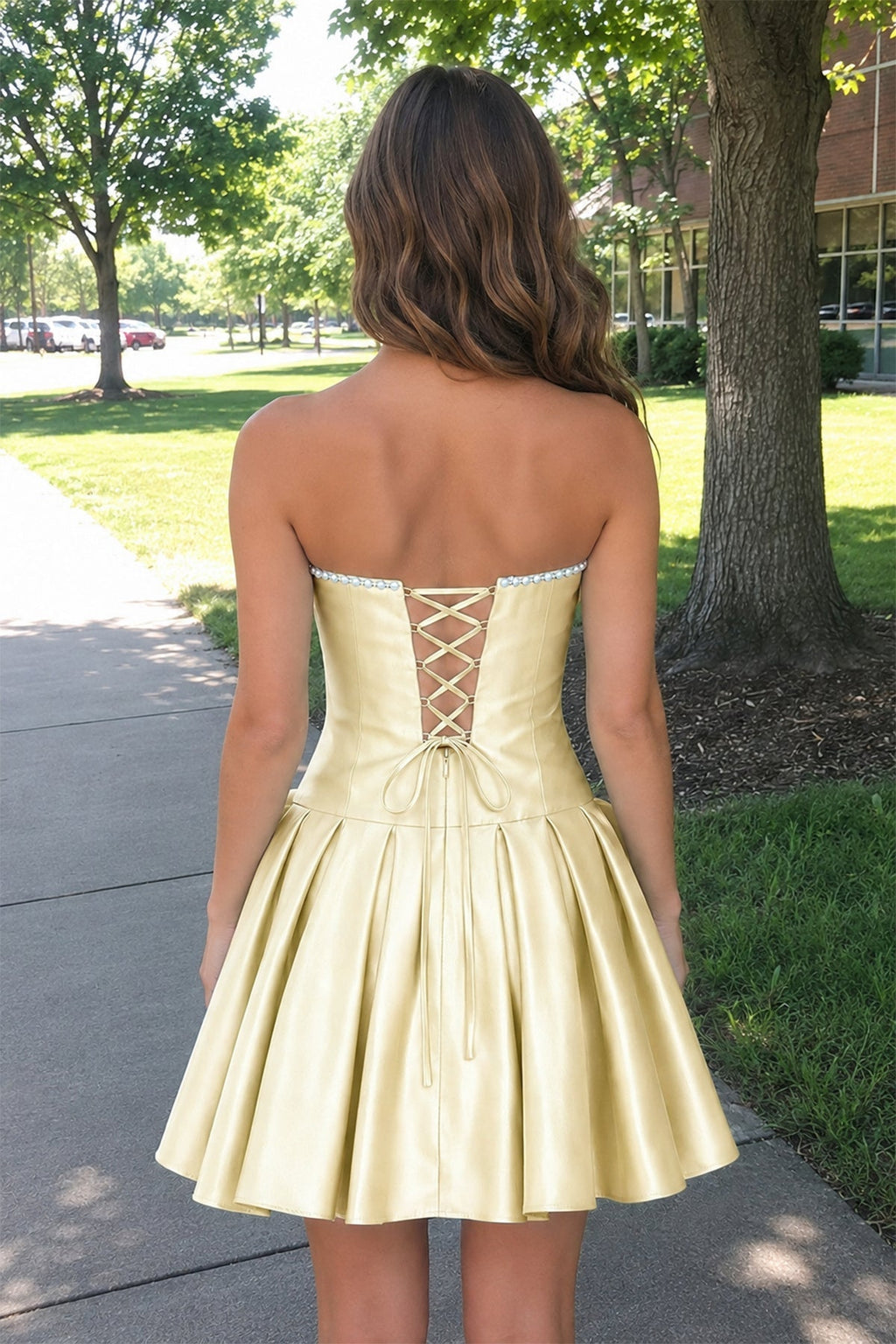 Aqua Strapless A-Line Satin Ruched Bow Homecoming Dress With Pearl