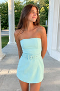 Aqua Strapless Sheath Satin Homecoming Dress with Belt