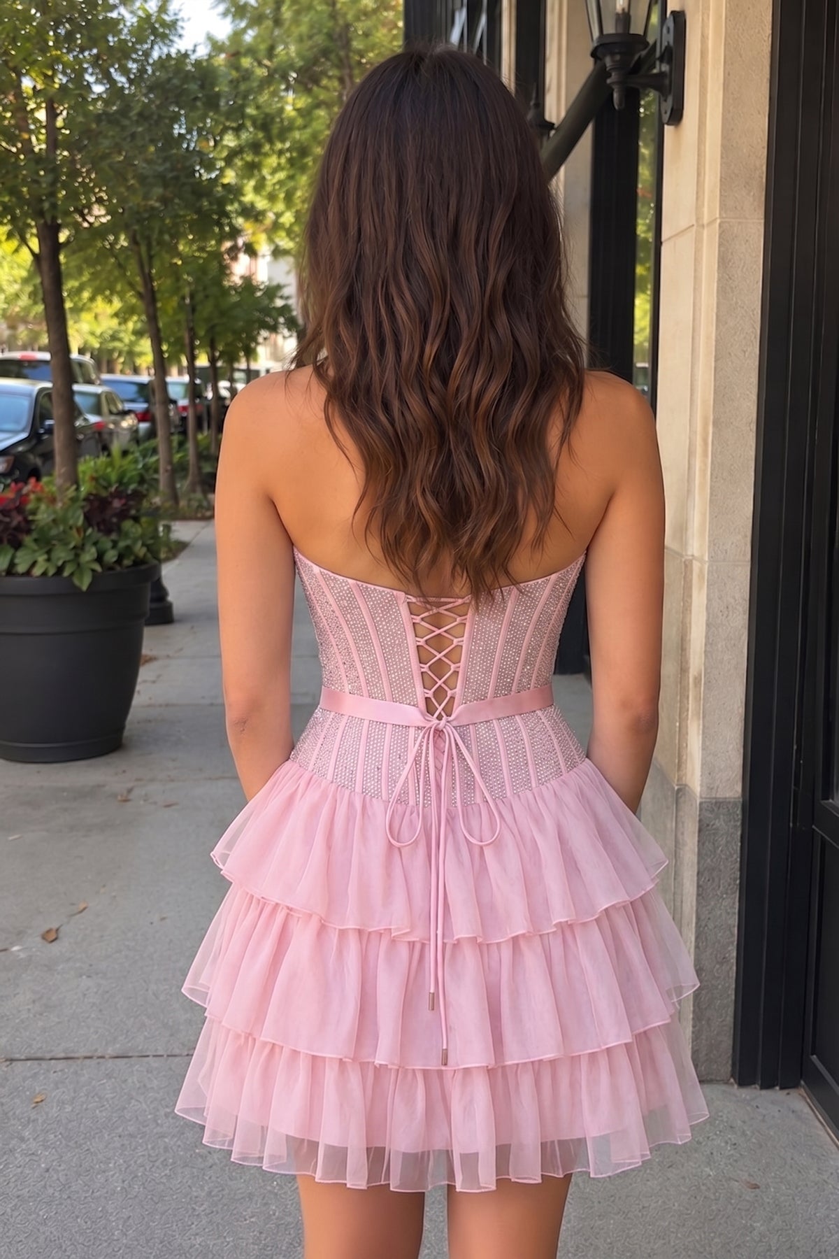 Black Beaded Corset Strapless Ruffled A-Line Homecoming Dress