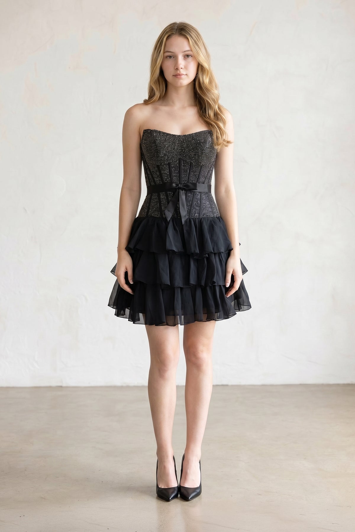 Black Beaded Corset Strapless Ruffled A-Line Homecoming Dress