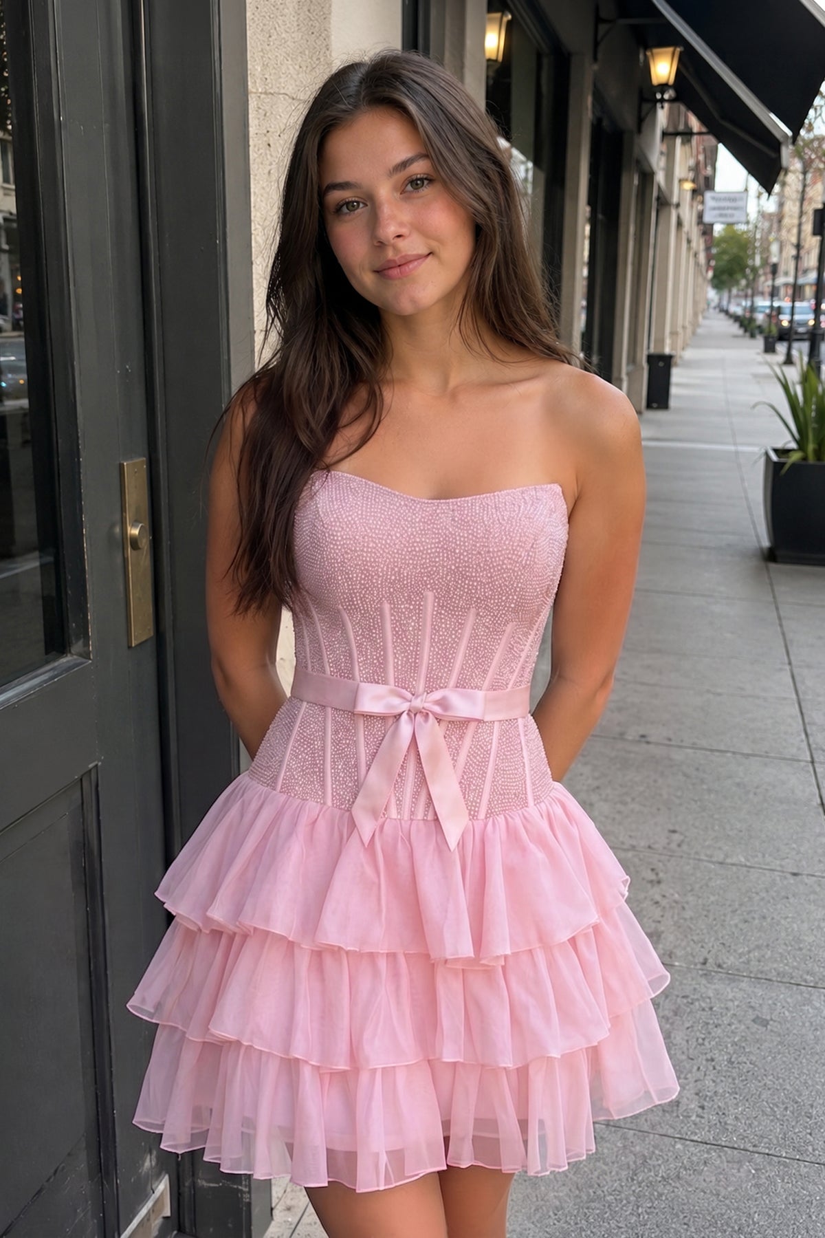 Black Beaded Corset Strapless Ruffled A-Line Homecoming Dress