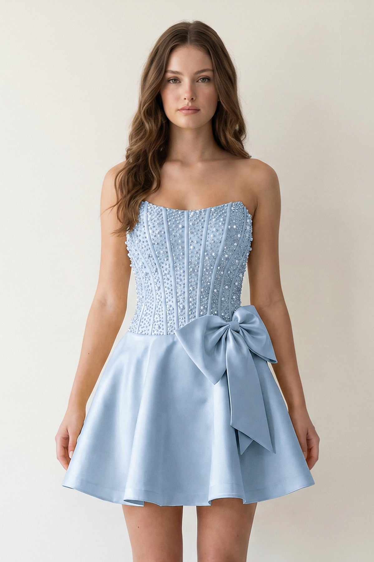 Black Sparkly Strapless A-Line Satin Corset Mini Homecoming Dress With Pearl