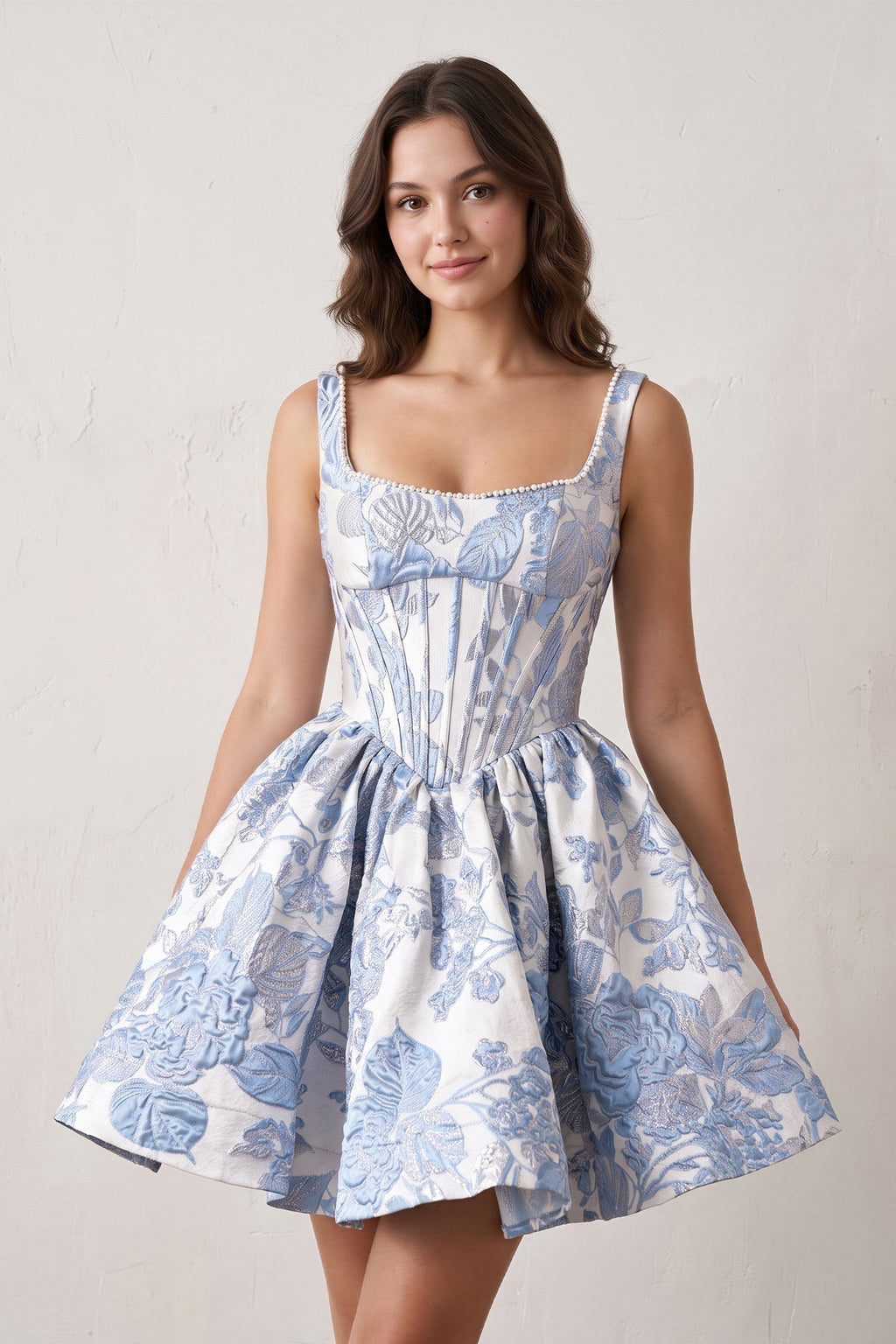 Blue A-Line Square Neck Jacquard Corset Homecoming Dress With Pearl