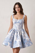 Blue A-Line Square Neck Jacquard Corset Homecoming Dress With Pearl