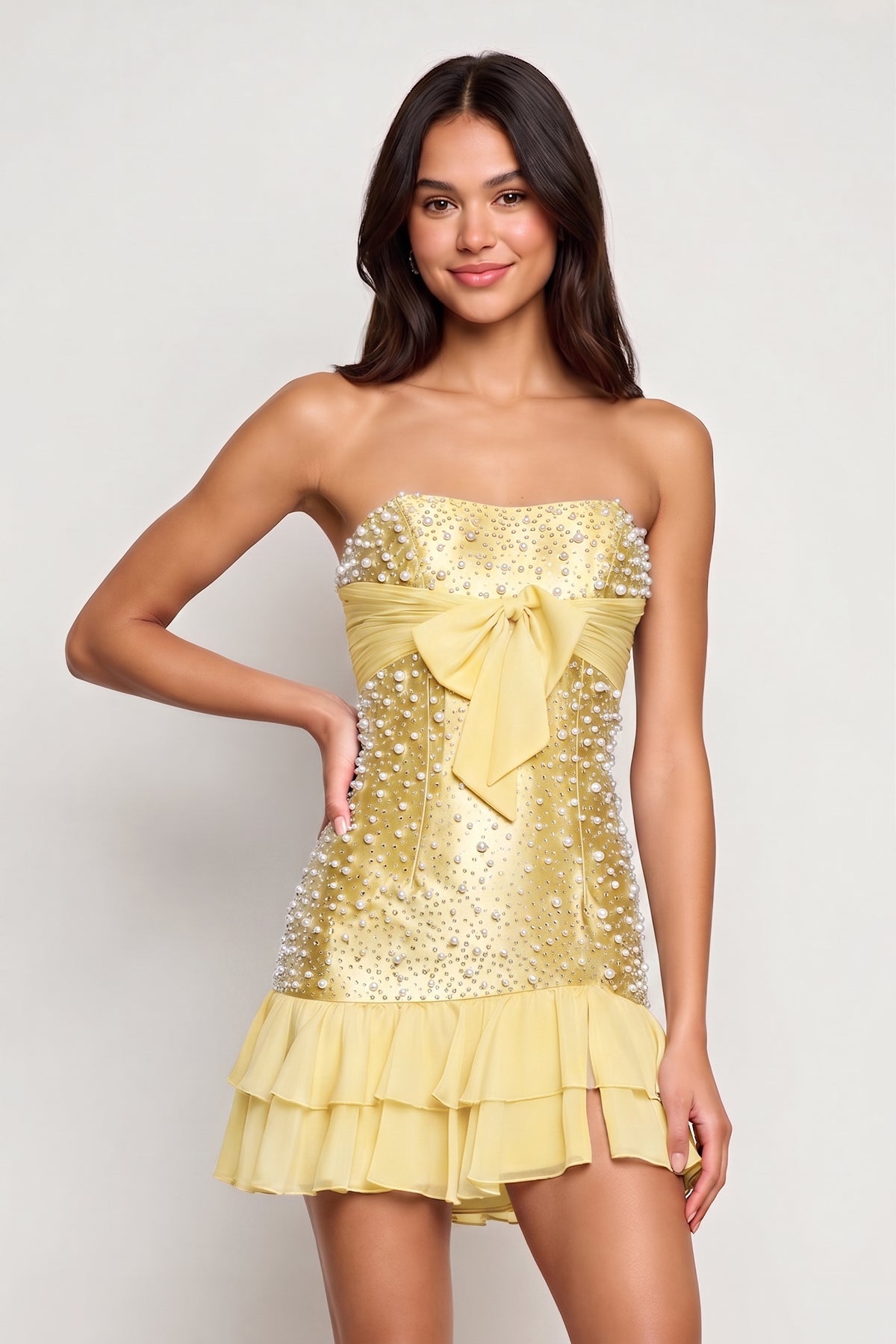 Blue Strapless Metallic Satin Ruffled A-Line Homecoming Dress With Pearl and Bow