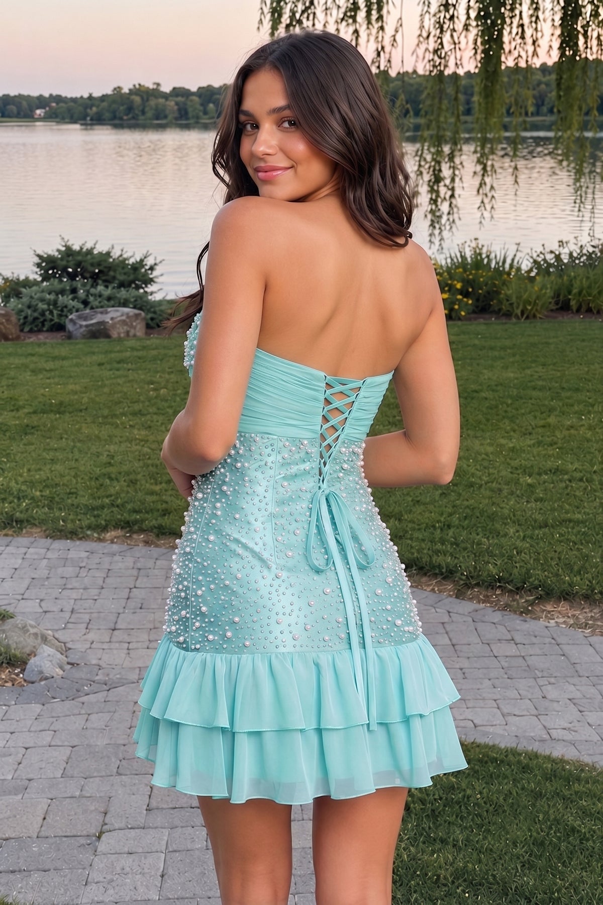 Blue Strapless Metallic Satin Ruffled A-Line Homecoming Dress With Pearl and Bow