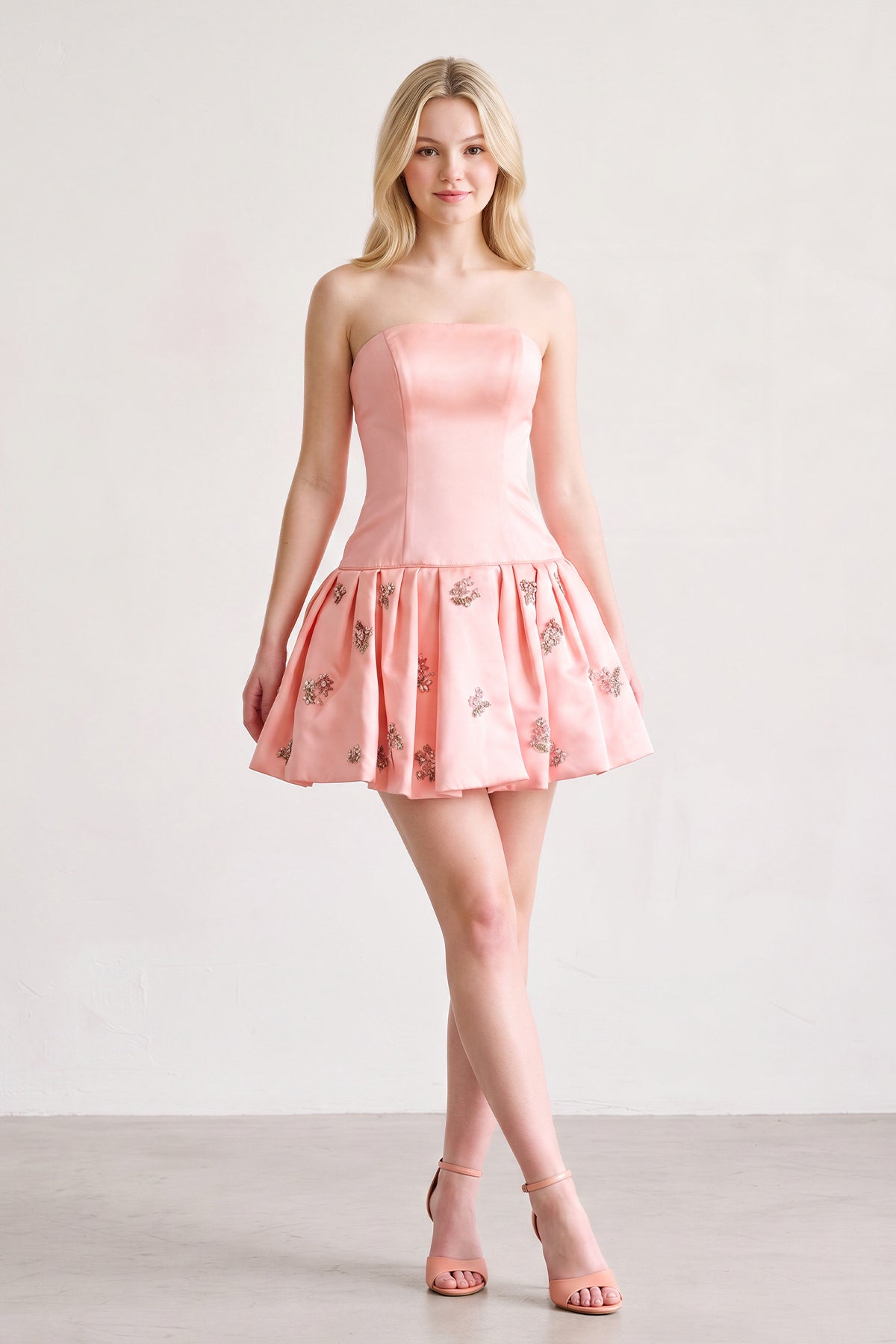 Blush Strapless A-Line Ruched Satin Appliqued Homecoming Dress