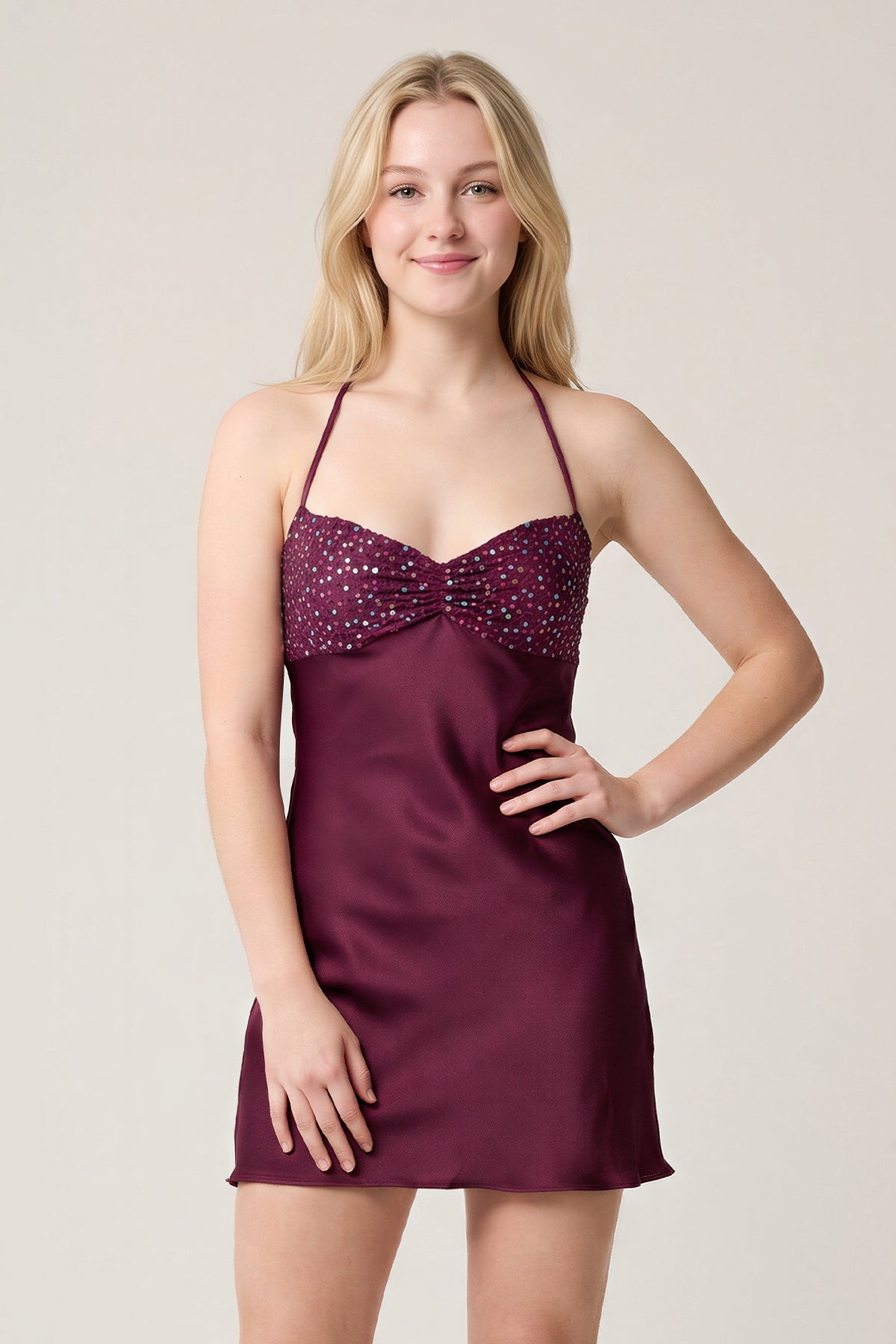 Burgundy Halter Satin Sheath Sequined Mini Homecoming Dress