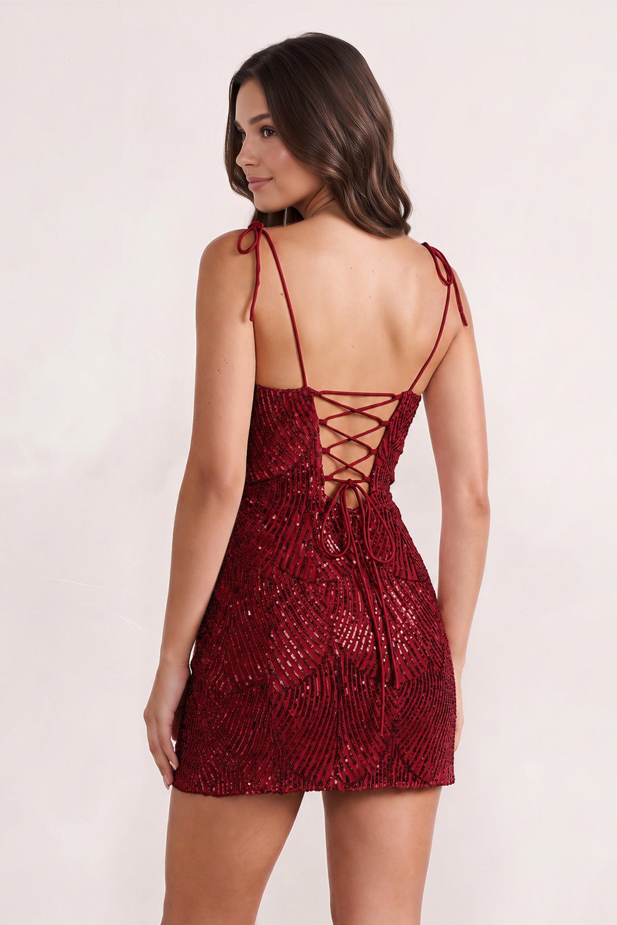 Pink Sparkly Sequin Sheath Bow Spaghetti Straps Homecoming Dress