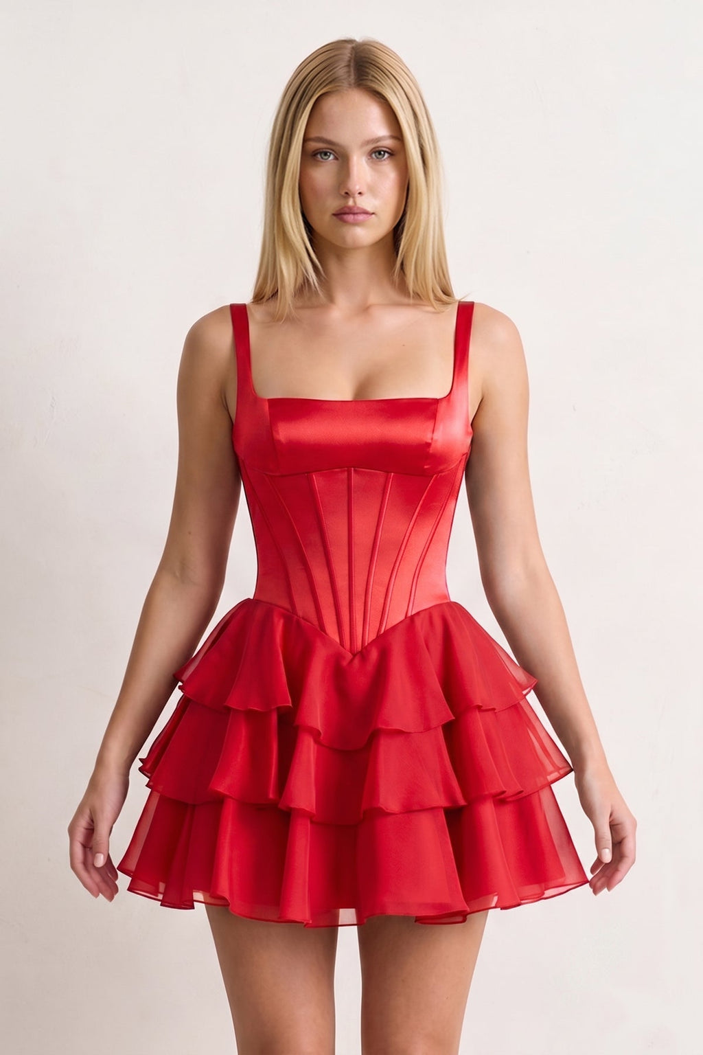 Burgundy Square Neck Satin Corset Ruffled A-Line Homecoming Dress