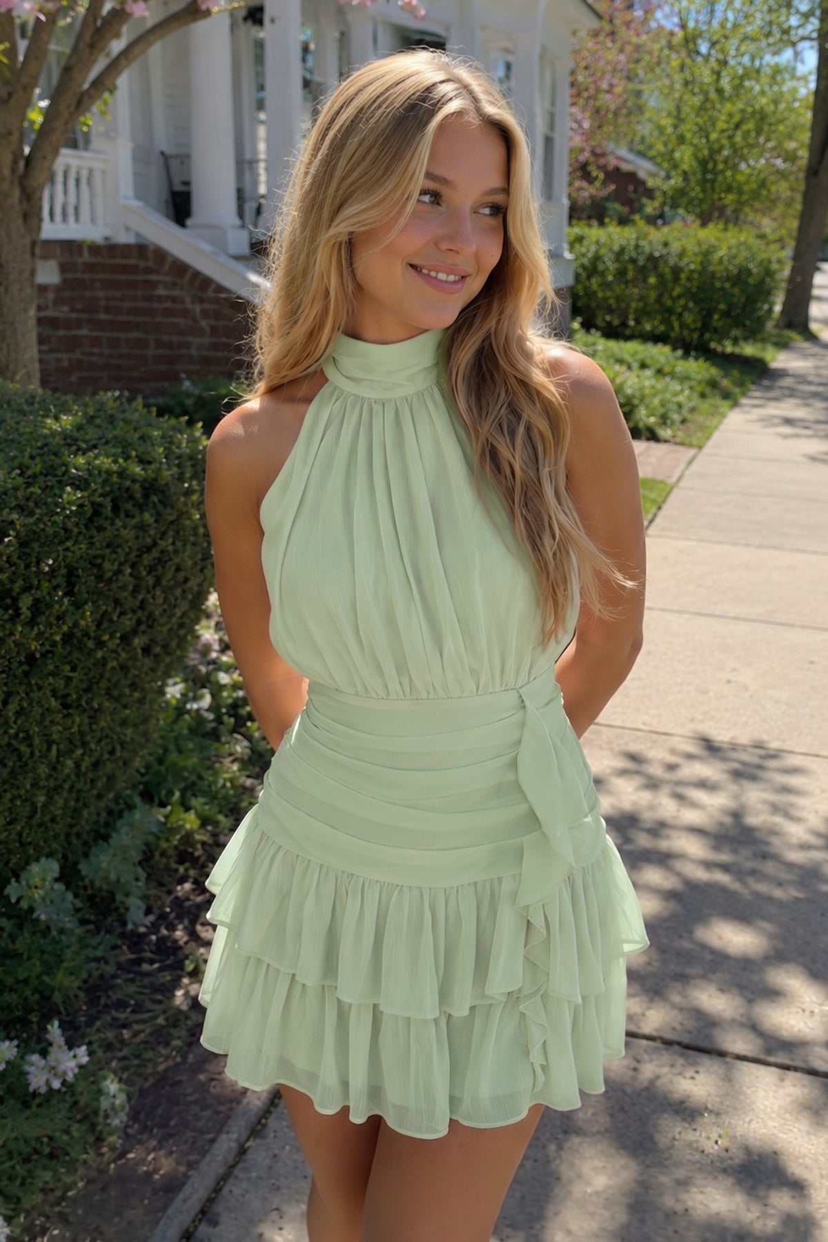 Candy Pink Halter Chiffon Tiered Ruffled A-Line Homecoming Dress