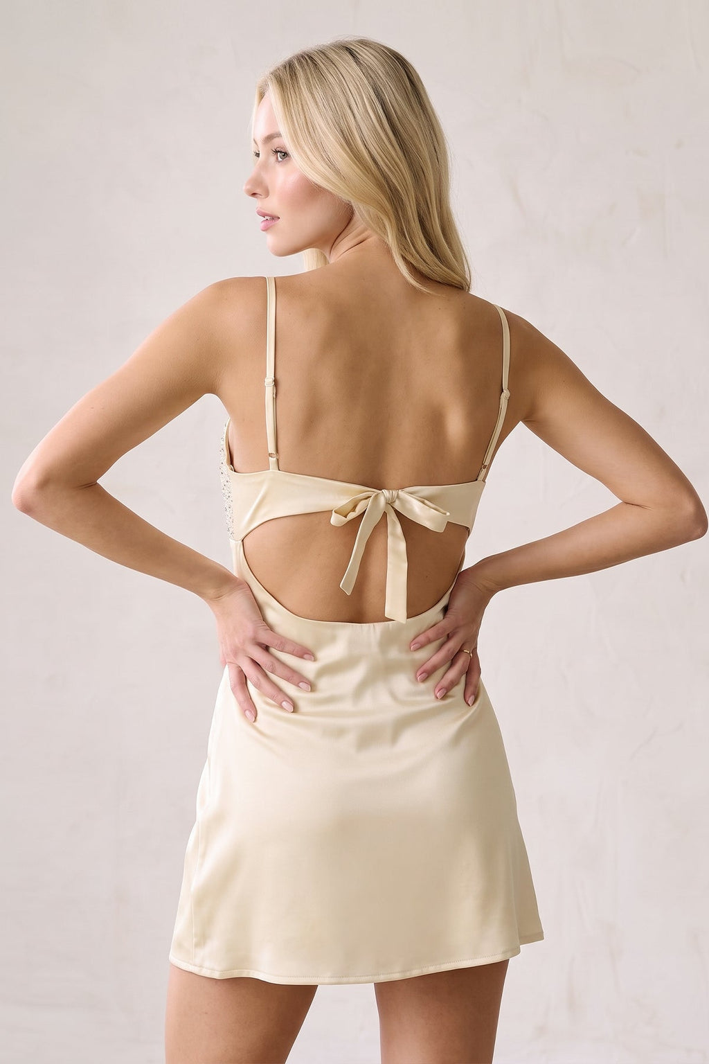 Champagne Spaghetti Straps Sheath Rhinestones Satin Homecoming Dress with Tie Back