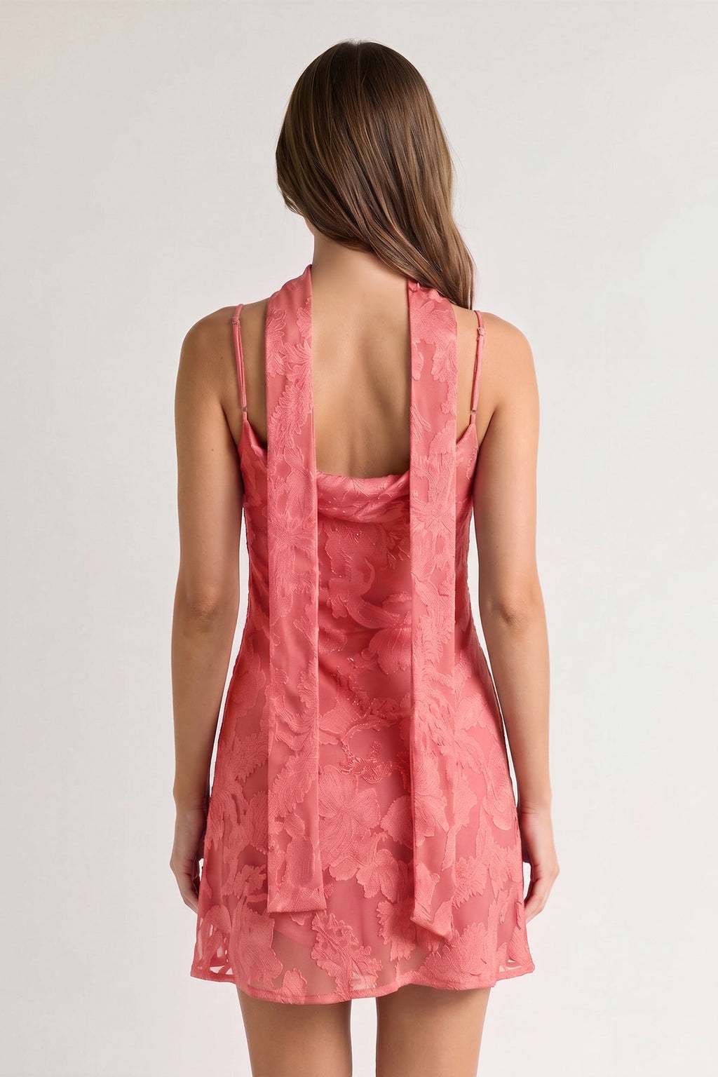 Red Jacquard Chiffon Cami Straps Sheath Homecoming Dress with Scarf