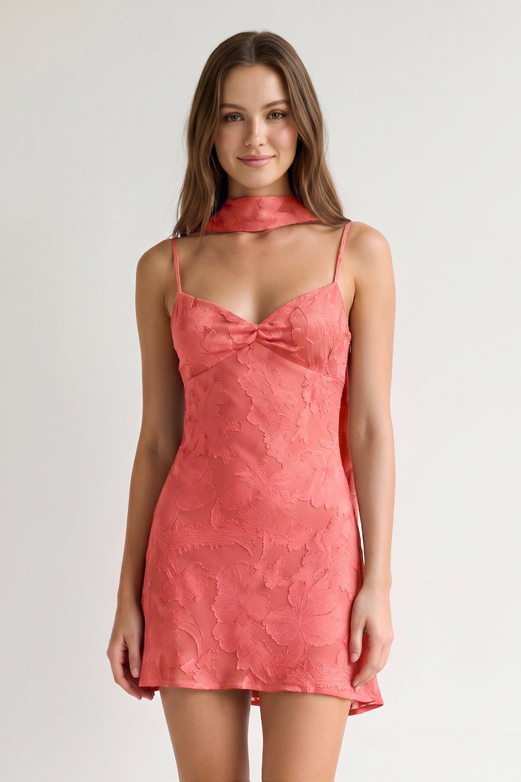Red Jacquard Chiffon Cami Straps Sheath Homecoming Dress with Scarf
