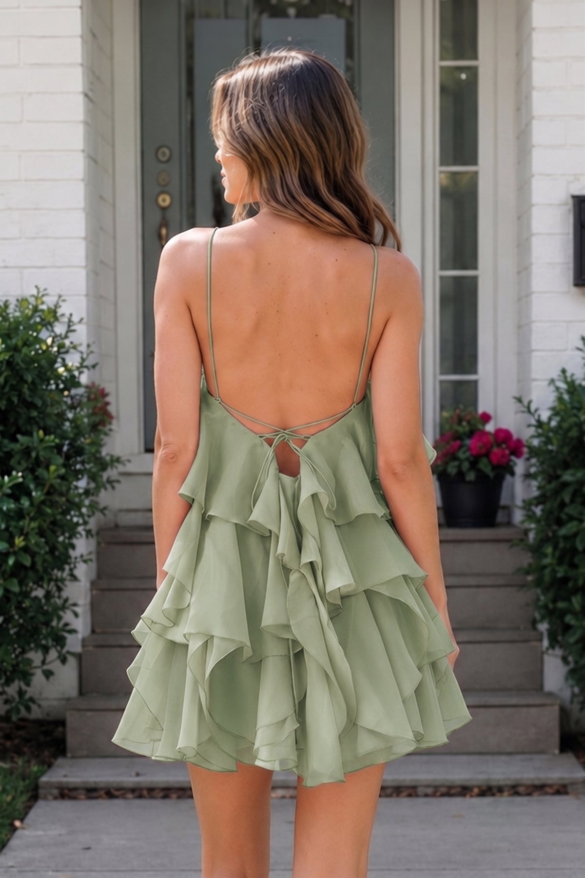 Coral Pink Ruffled Chiffon Halter Asymmetrical A-Line Homecoming Dress