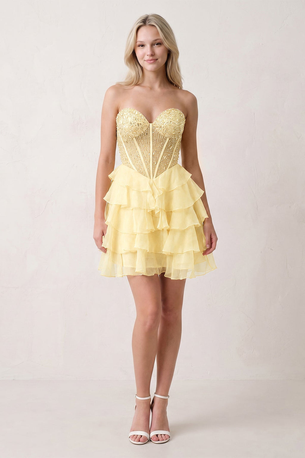 Coral Pink Sweetheart Tiered Ruffled A-Line Corset Chiffon Homecoming Dress