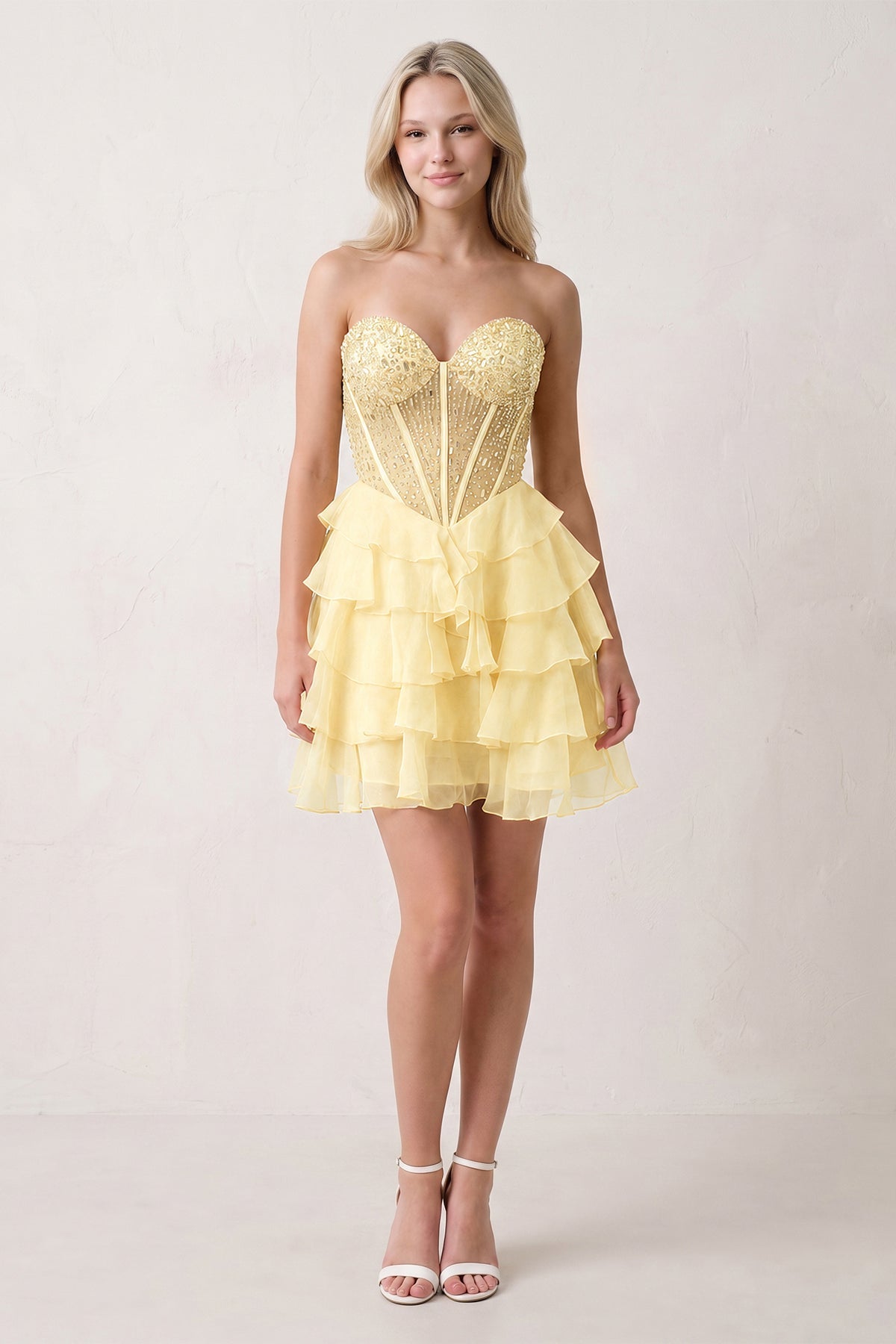 Coral Pink Sweetheart Tiered Ruffled A-Line Corset Chiffon Homecoming Dress