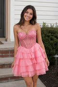 Coral Pink Sweetheart Tiered Ruffled A-Line Corset Chiffon Homecoming Dress