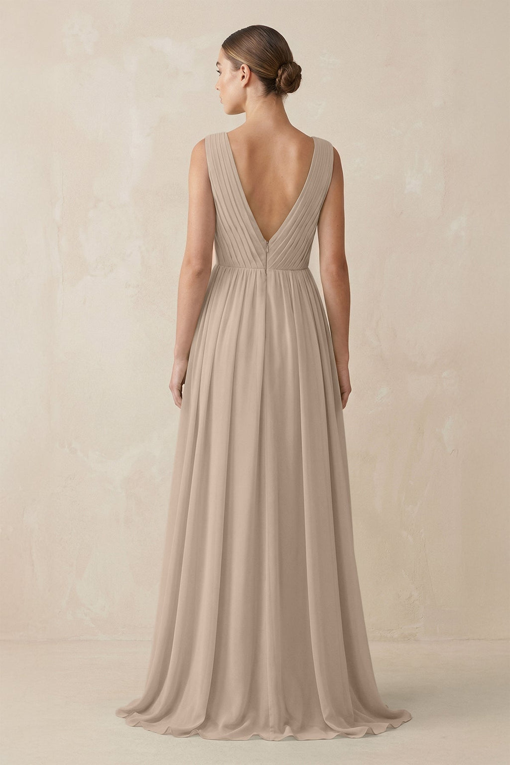 V-Neck Pleated A-Line Chiffon Bridesmaid Dress in Almond