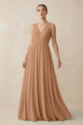 V-Neck Pleated A-Line Chiffon Bridesmaid Dress in Bronzer