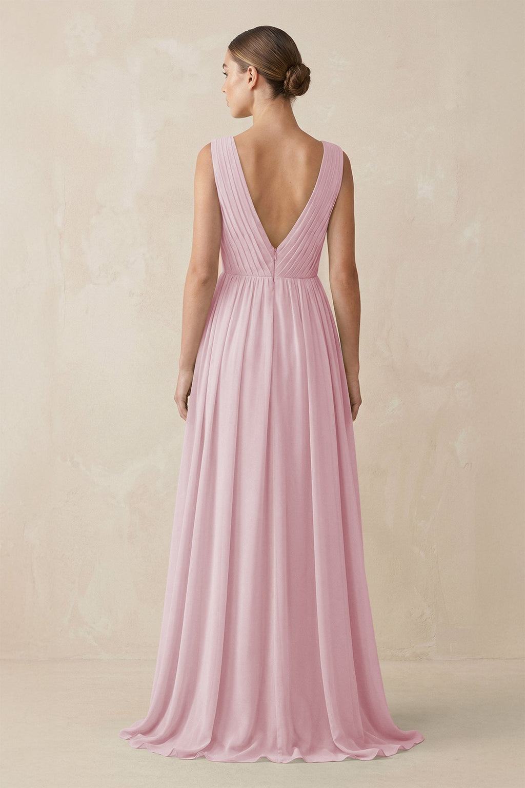 V-Neck Pleated A-Line Chiffon Bridesmaid Dress in Candy Pink