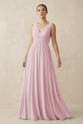 V-Neck Pleated A-Line Chiffon Bridesmaid Dress in Candy Pink