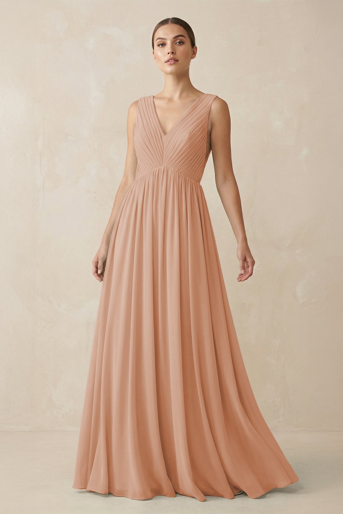 V-Neck Pleated A-Line Chiffon Bridesmaid Dress in Champagne Rose
