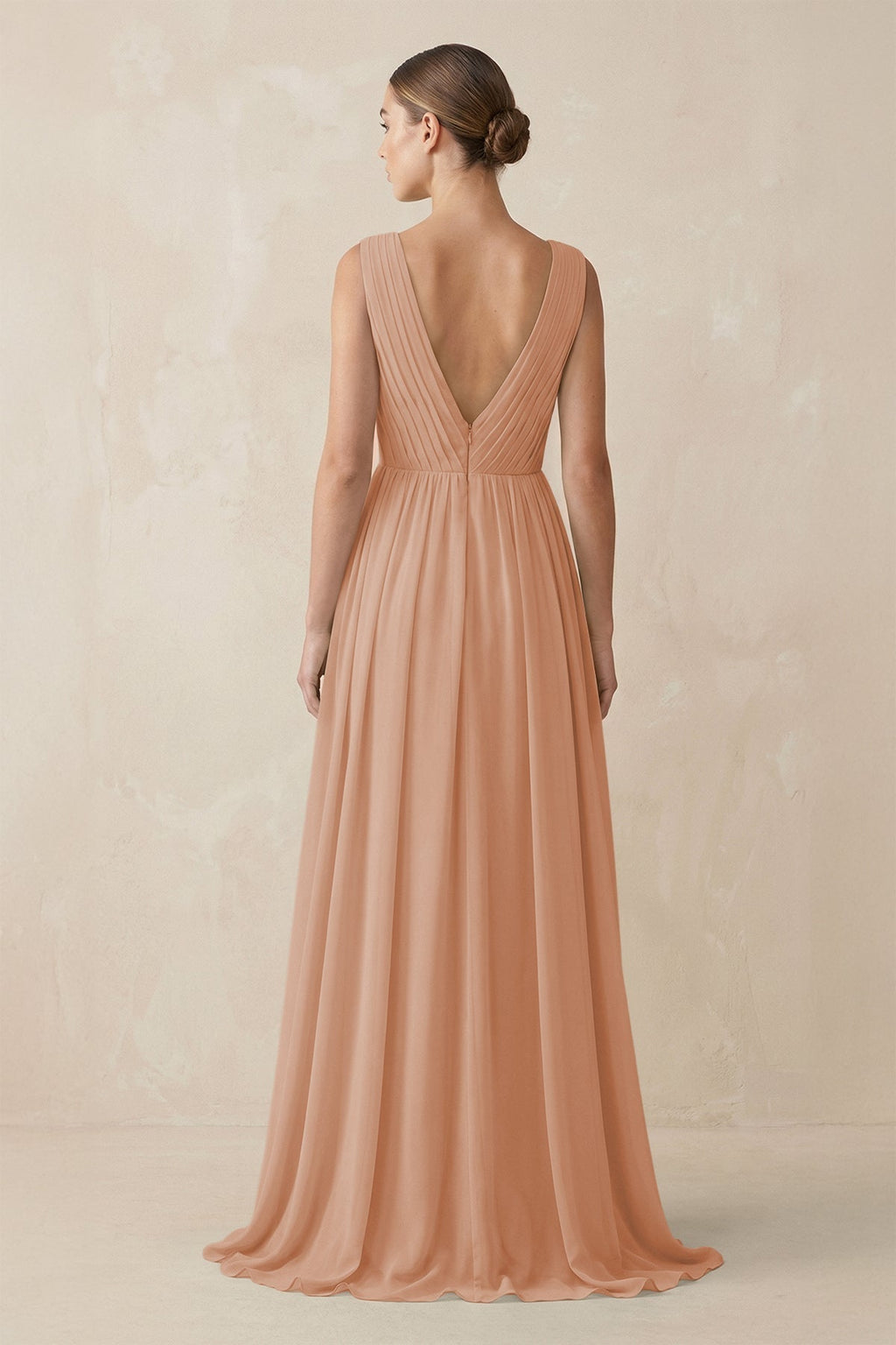 V-Neck Pleated A-Line Chiffon Bridesmaid Dress in Champagne Rose