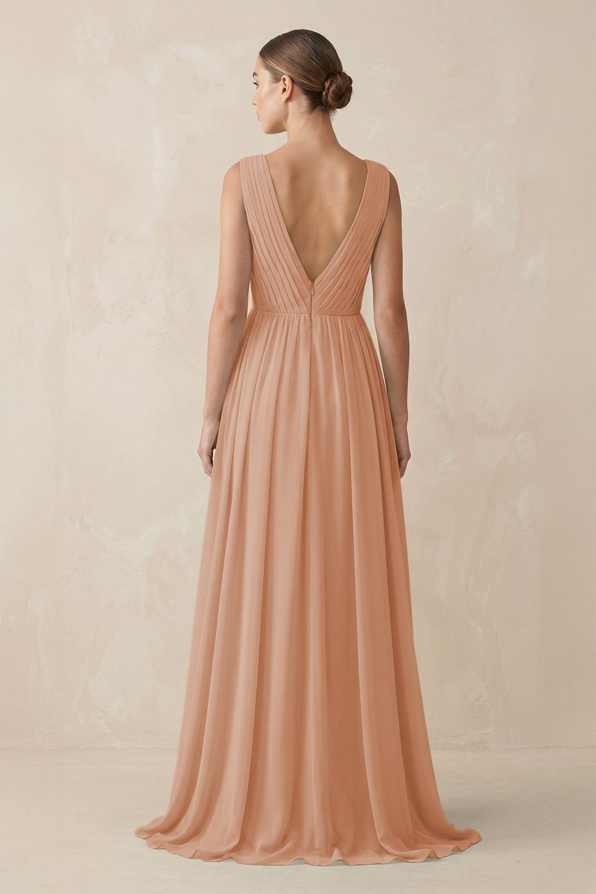 V-Neck Pleated A-Line Chiffon Bridesmaid Dress in Champagne Rose