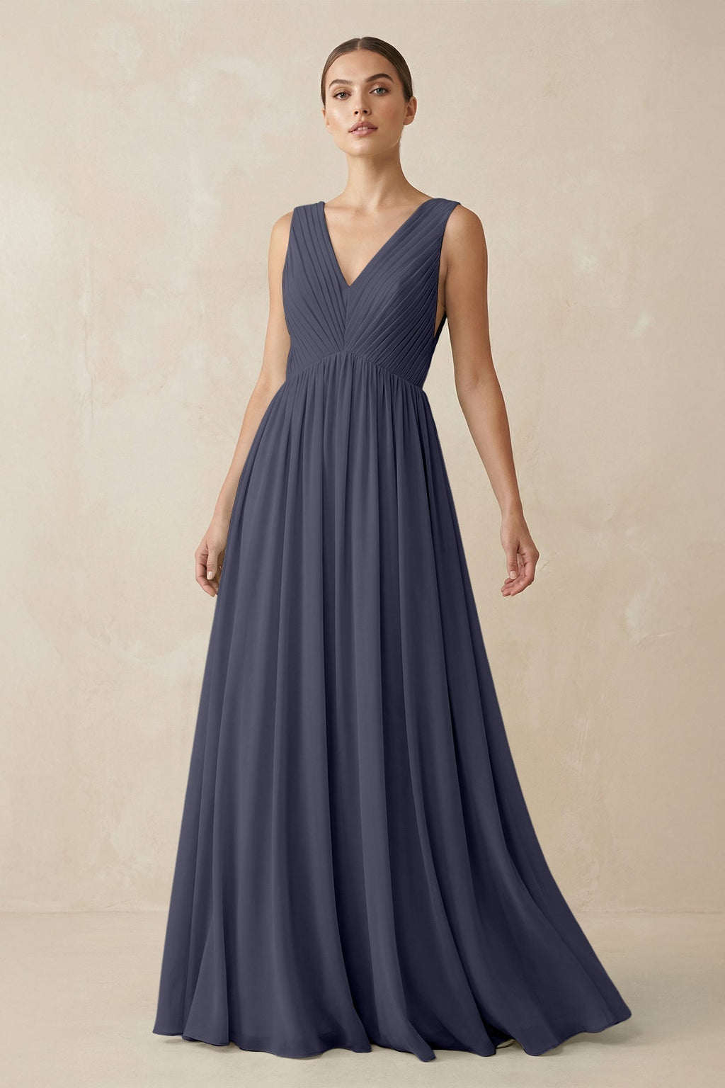 V-Neck Pleated A-Line Chiffon Bridesmaid Dress in Dusk Blue