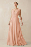 V-Neck Pleated A-Line Chiffon Bridesmaid Dress in English Rose