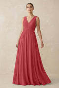 V-Neck Pleated A-Line Chiffon Bridesmaid Dress in Merlot