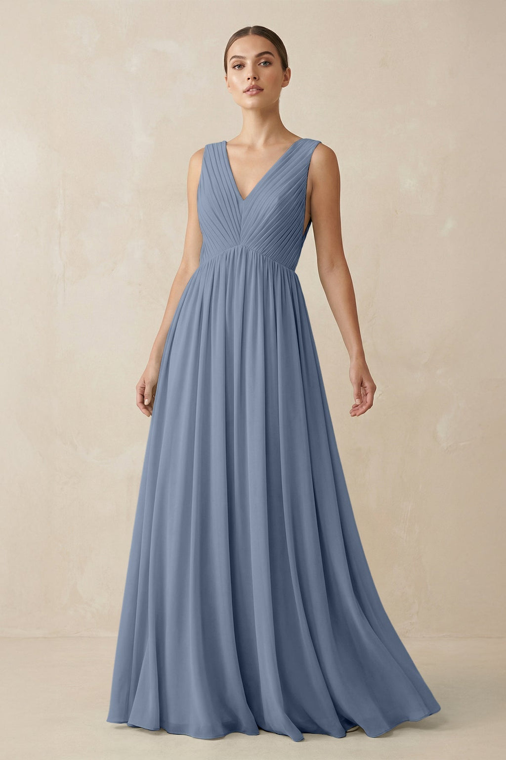 V-Neck Pleated A-Line Chiffon Bridesmaid Dress in Neptune