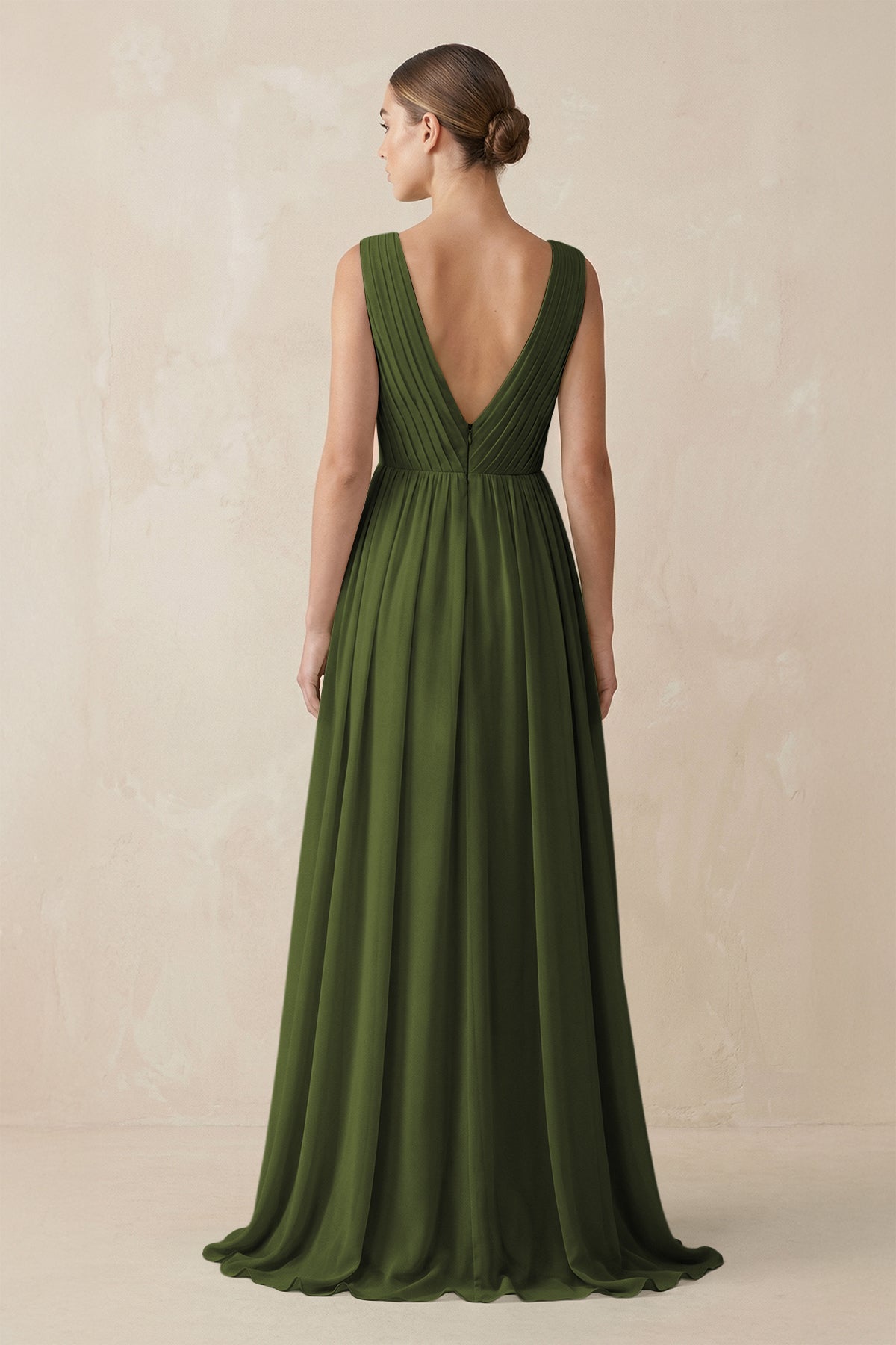 V-Neck Pleated A-Line Chiffon Bridesmaid Dress in Olive