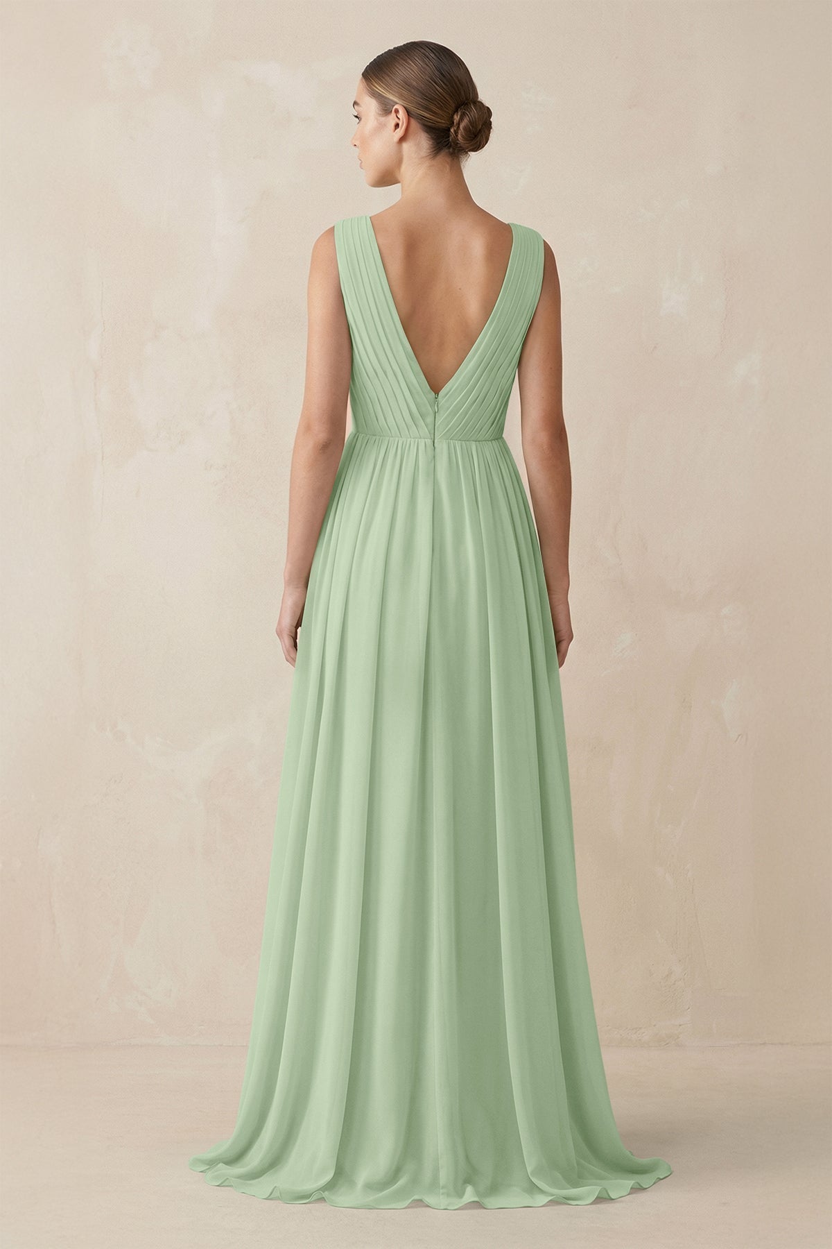 V-Neck Pleated A-Line Chiffon Bridesmaid Dress in Sage