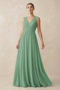 V-Neck Pleated A-Line Chiffon Bridesmaid Dress in Sea Glass