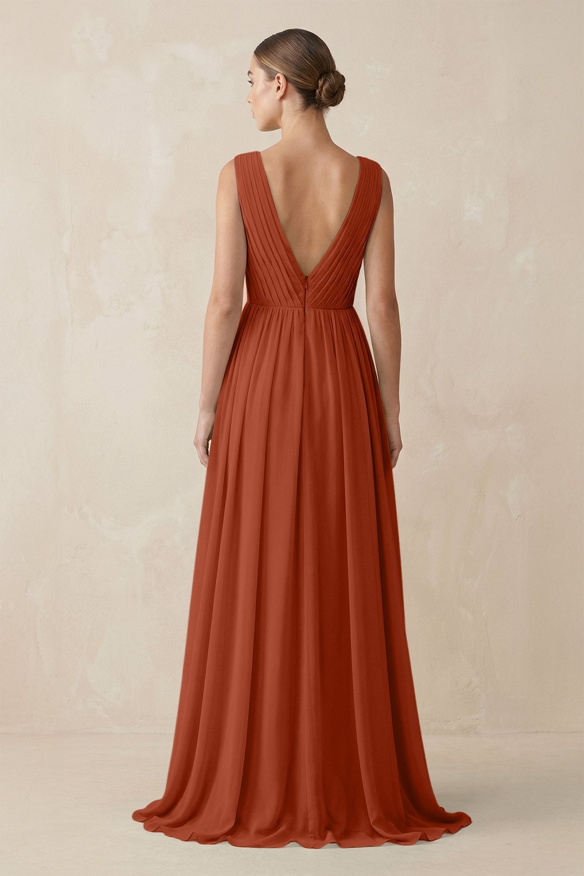 V-Neck Pleated A-Line Chiffon Bridesmaid Dress in Spice